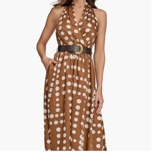 Donna Karan Brown and White Polka Dot Maxi Dress